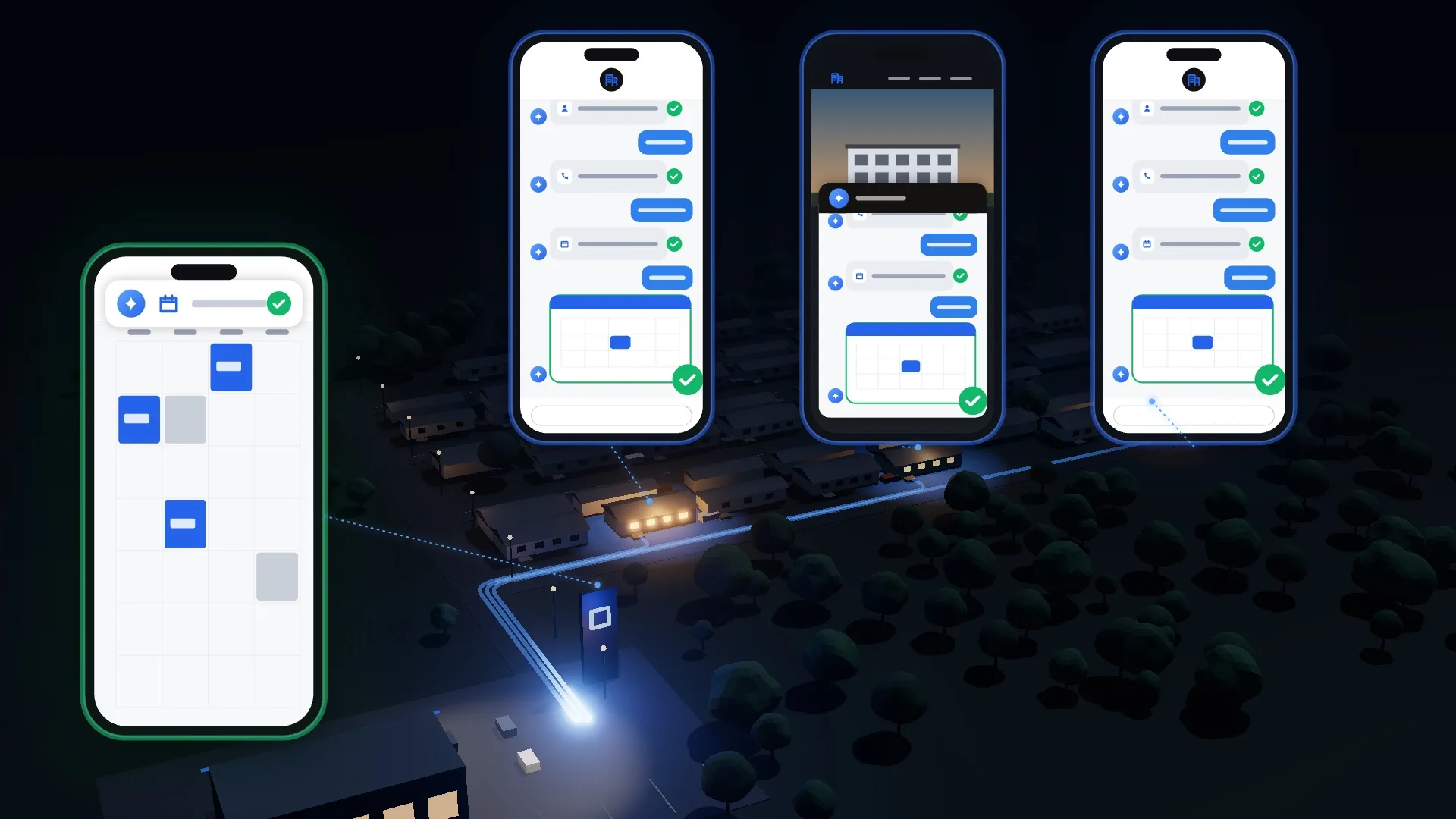 Illustration: three phones over a neighborhood at night, two text conversations and a website chat, each answered with its scheduling questions checked off and a review booked. The bookings run down the streets to the advisor's office and fill the advisor's calendar.