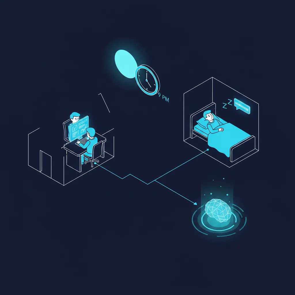 Isometric illustration of a nighttime scene with prospect at computer, sleeping advisor, and AI responding at 9pm