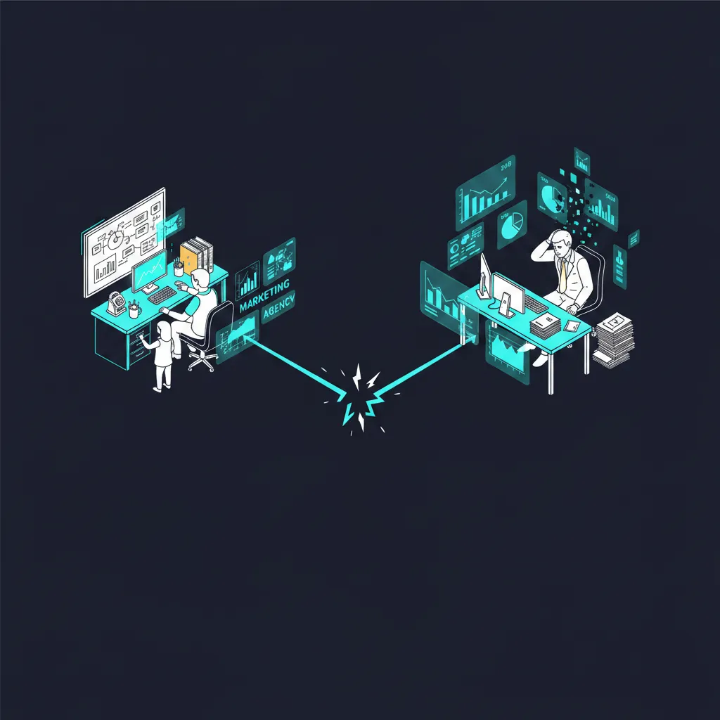 Isometric illustration of a broken connection between a marketing agency and a financial advisor