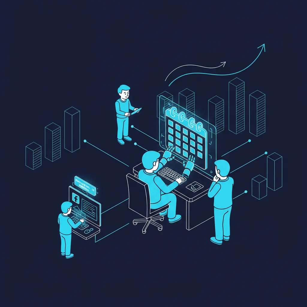 Isometric illustration of AI assistant booking appointments on a calendar for a financial advisor