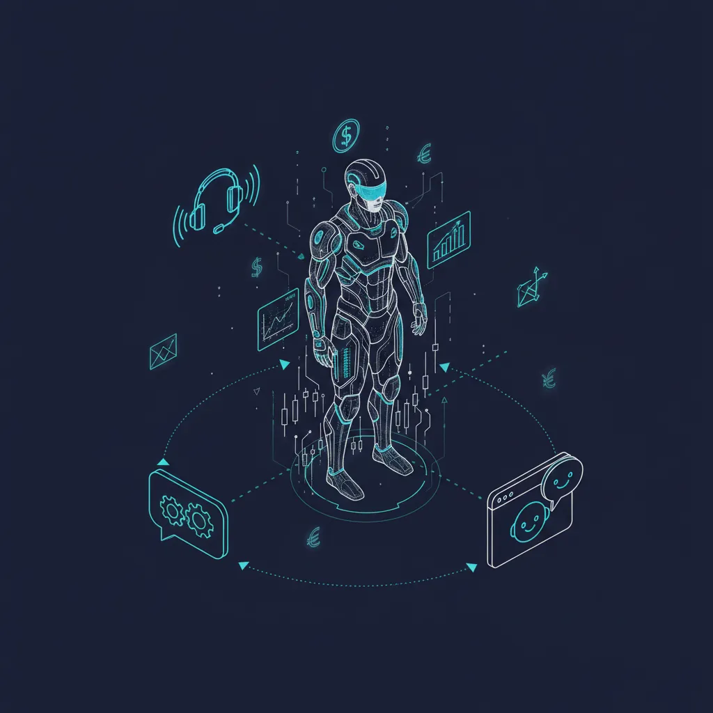 Isometric illustration of AI technologies in financial services with voice agent, SMS bot, and chatbot