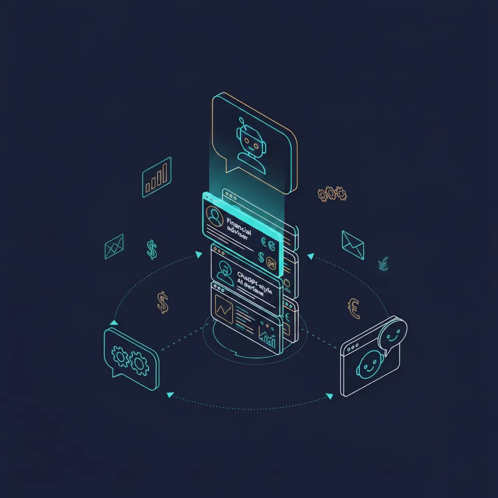 Isometric illustration of AI search surfacing a financial advisor in ChatGPT and Google AI Overviews