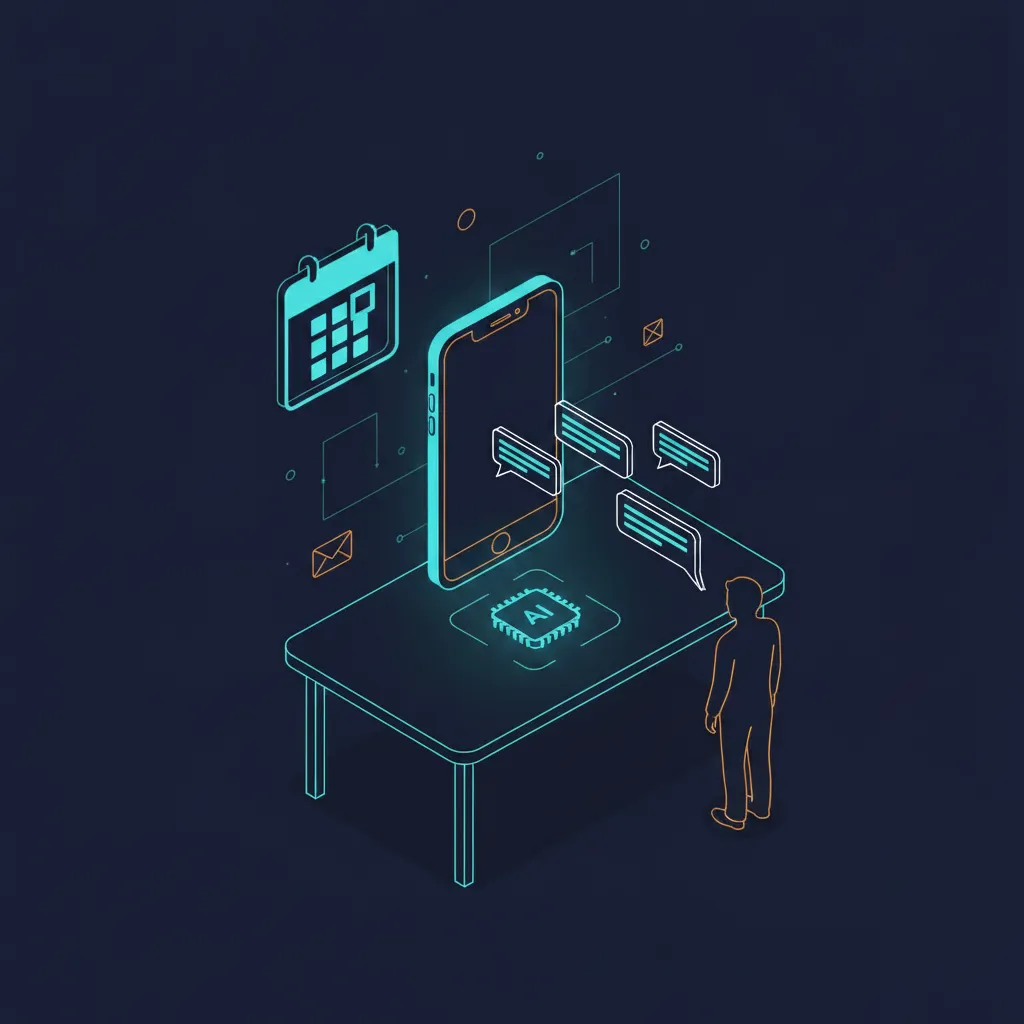 Isometric illustration of an AI-powered text message sequence booking appointments for a financial advisor