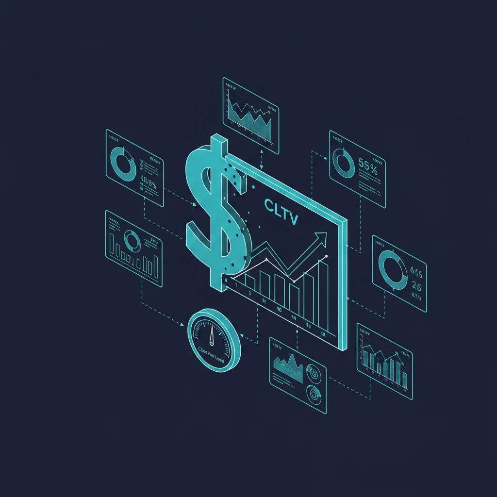 Isometric illustration of client lifetime value metrics with dollar sign and financial dashboards