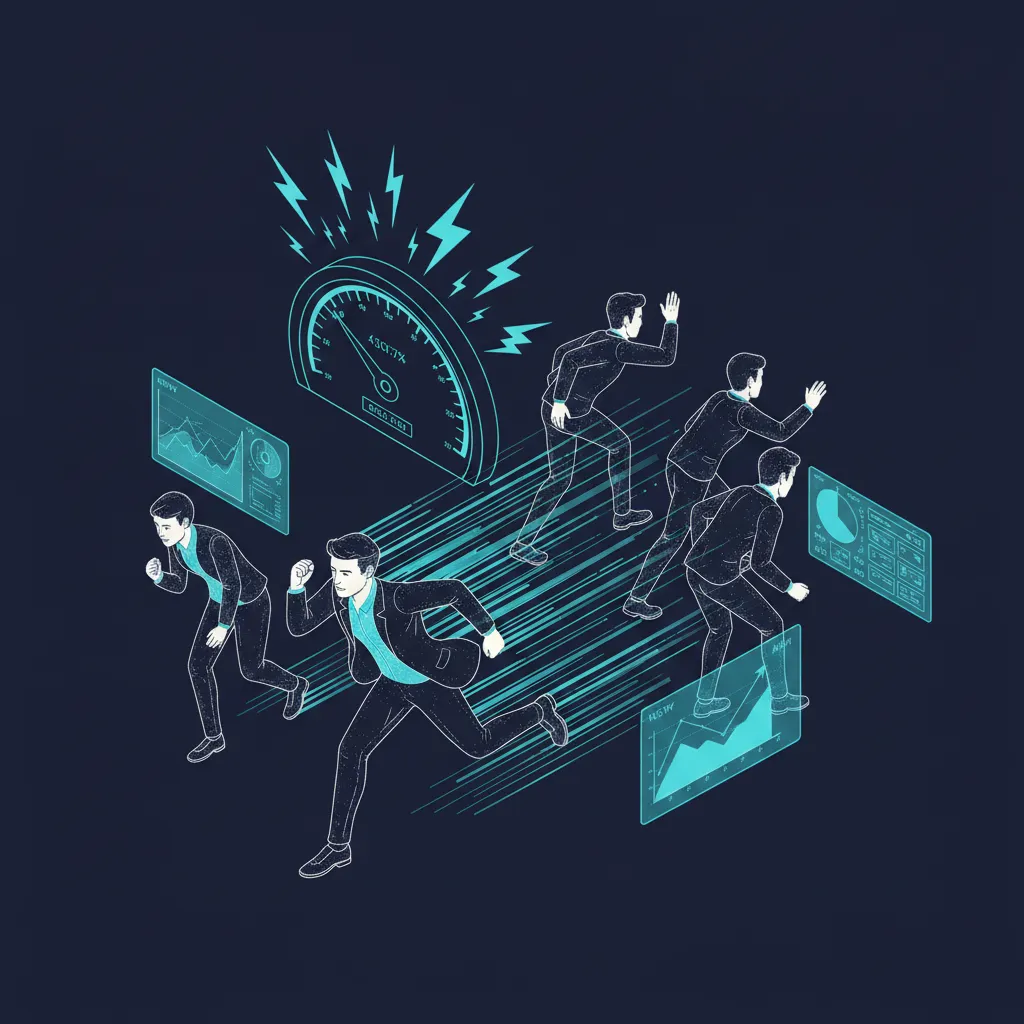 Isometric illustration of advisors racing with speedometer and lightning bolts