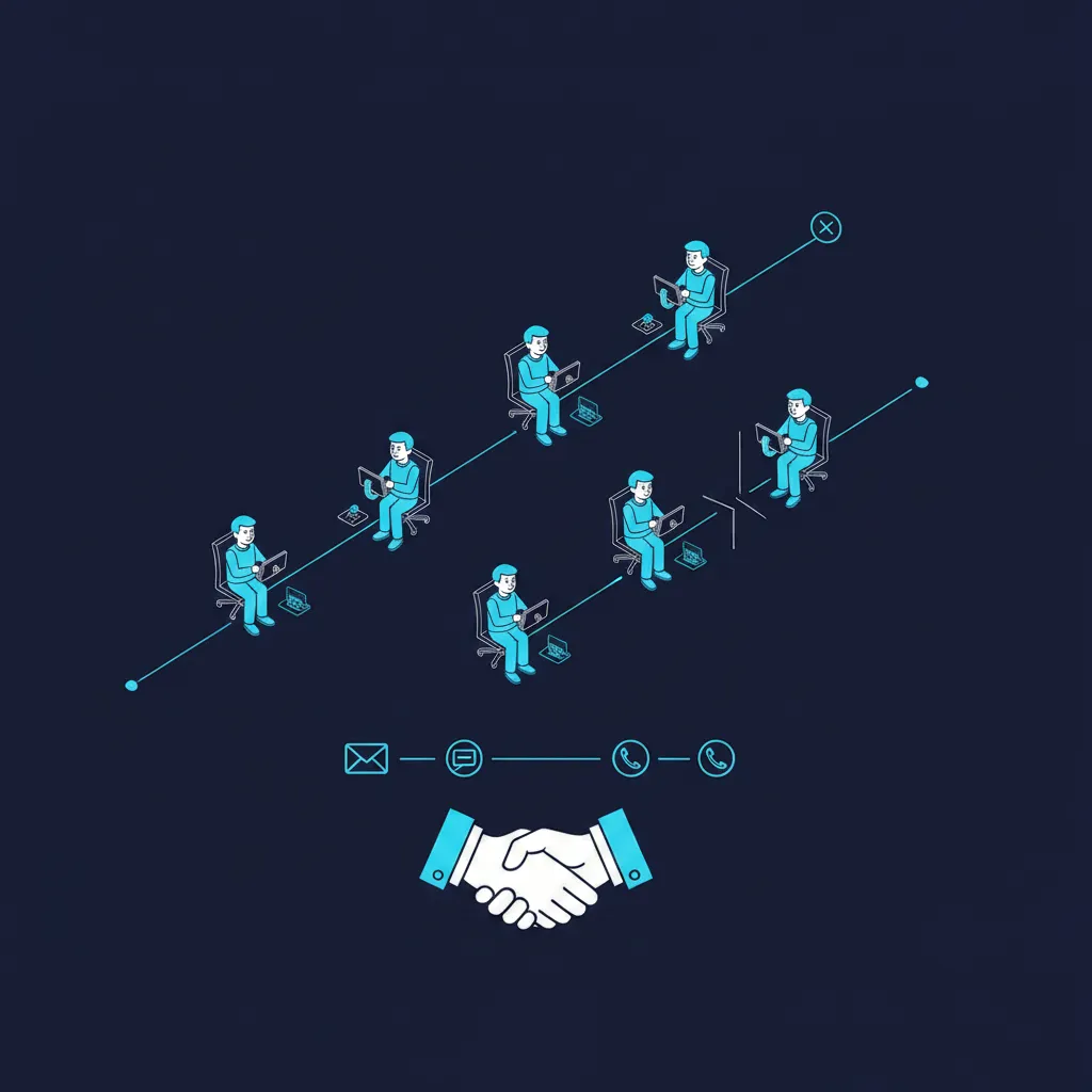 Isometric illustration of follow-up touchpoints via email, text, and phone leading to a handshake