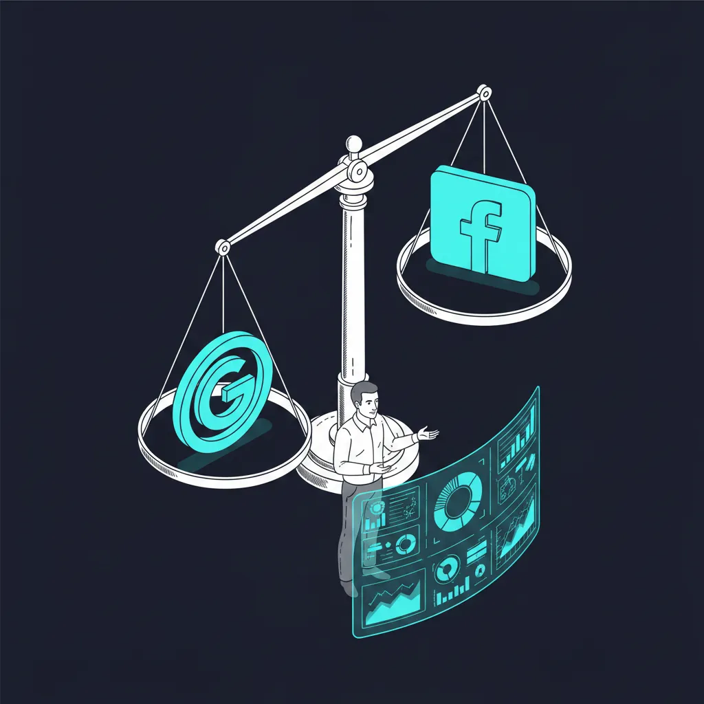 Isometric illustration of Google and Facebook icons on a balance scale with analytics dashboard
