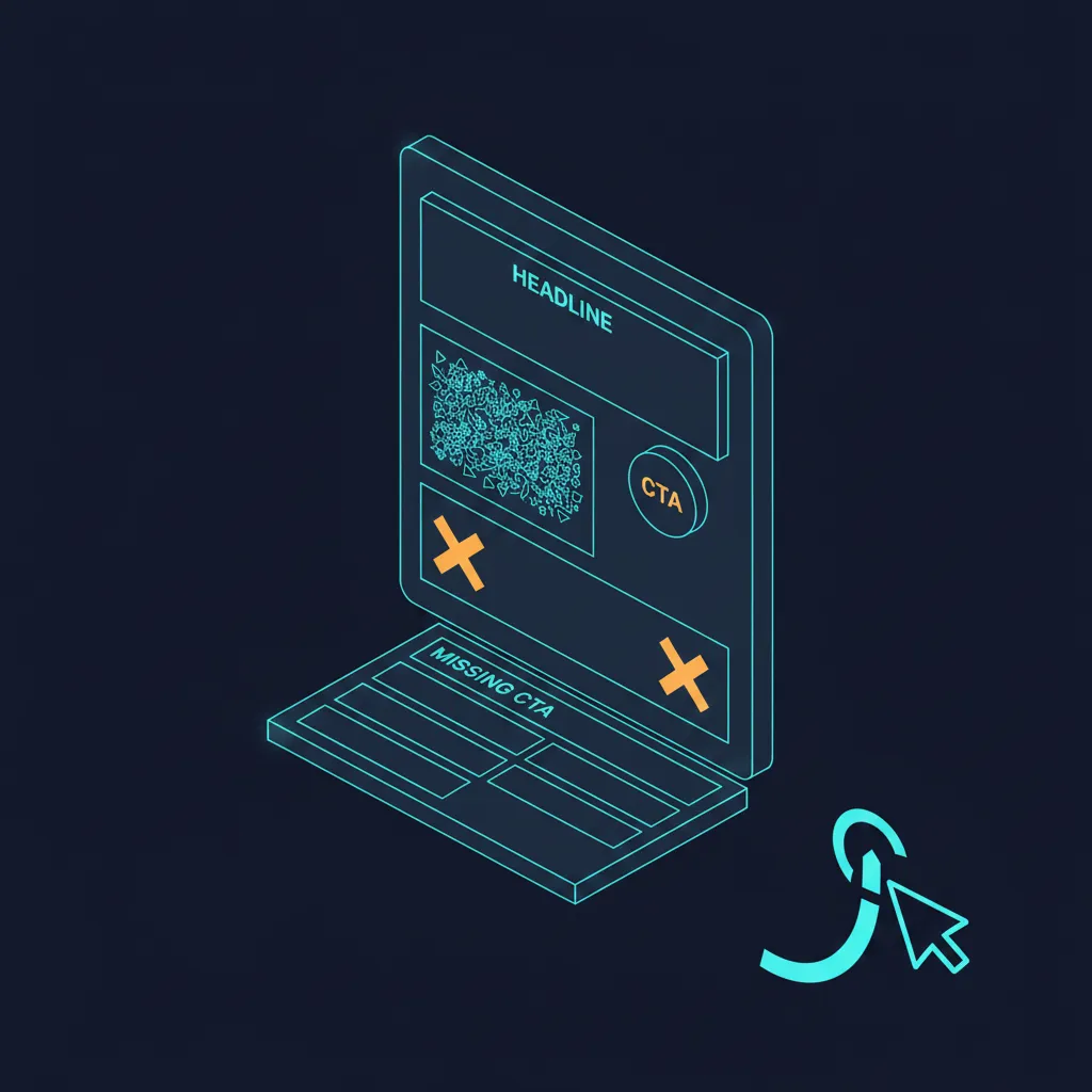 Isometric illustration of a financial advisor landing page with common conversion mistakes highlighted