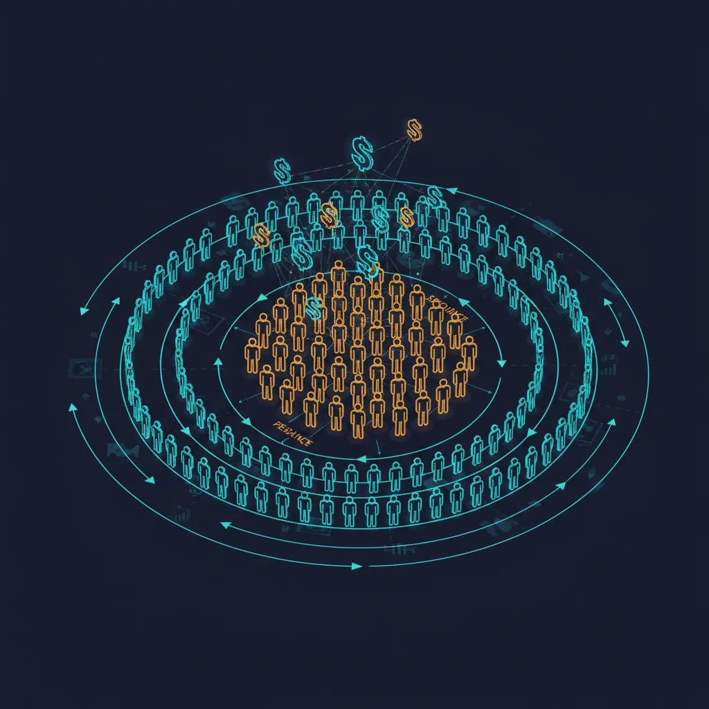 Isometric illustration of a seed audience expanding into concentric rings of lookalike audience members