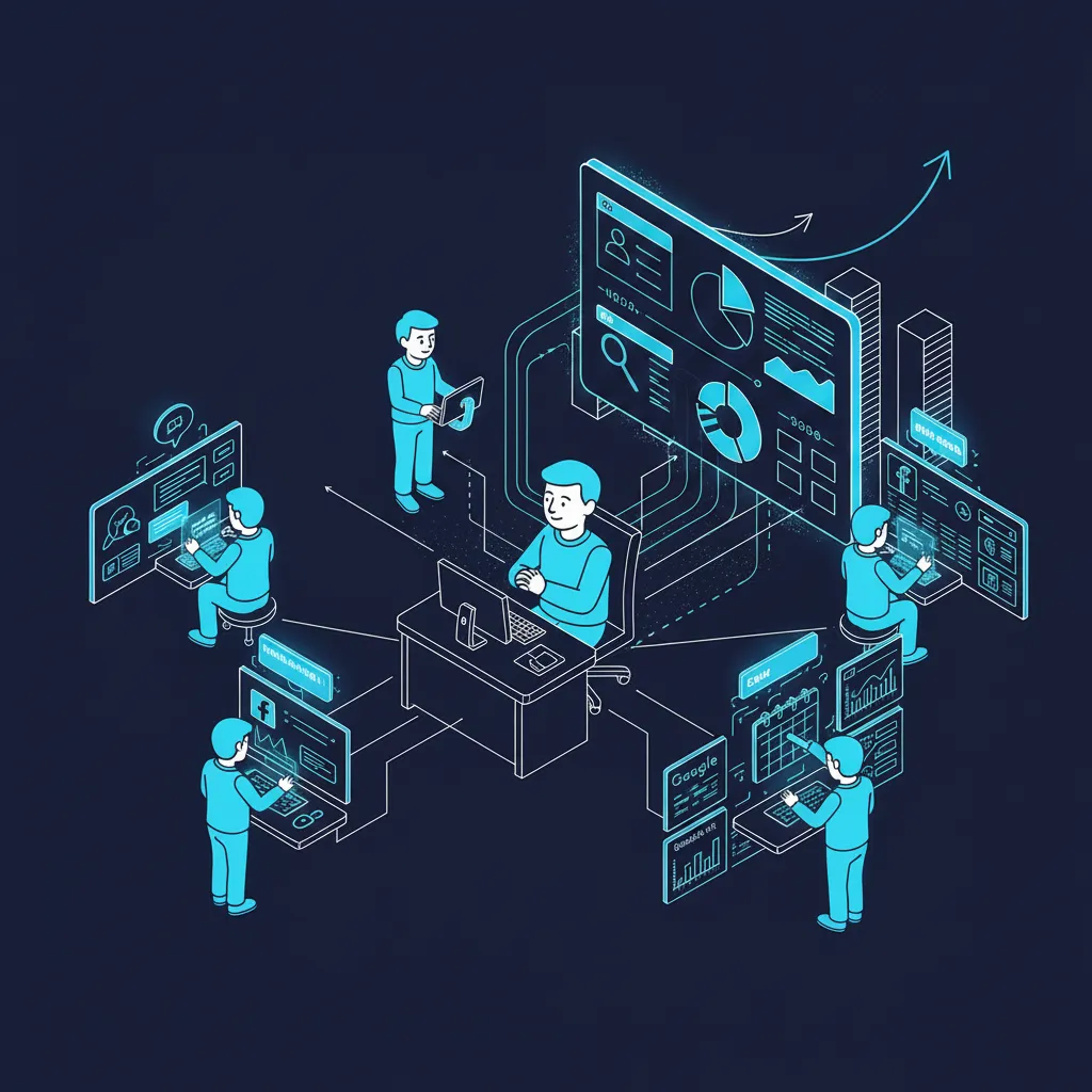 Isometric illustration of multi-channel marketing attribution with analytics dashboard
