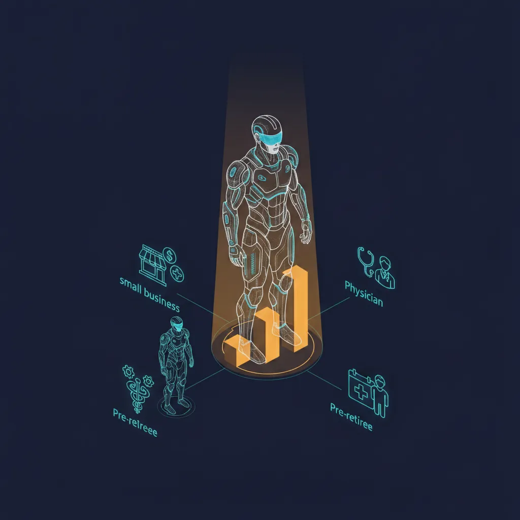 Isometric illustration contrasting a generalist financial advisor with a niche specialist rising on a growth chart