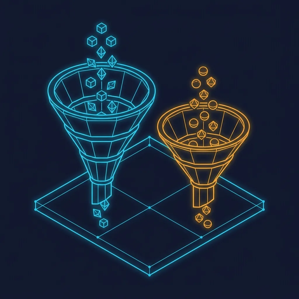Isometric illustration of two separate marketing funnels running in parallel