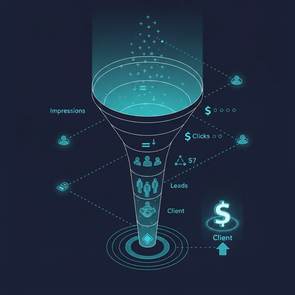 Isometric illustration of a marketing funnel from impressions to clicks to leads to client with increasing value