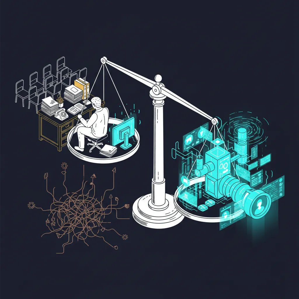 Isometric illustration of passive client acquisition with empty chairs and silent phone contrasted with digital lead pipeline