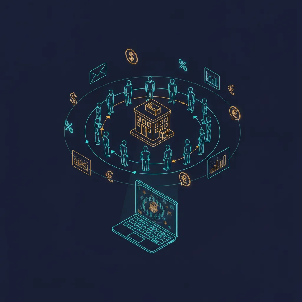 Isometric illustration of a retargeting ad funnel bringing web visitors back to a financial advisor's office