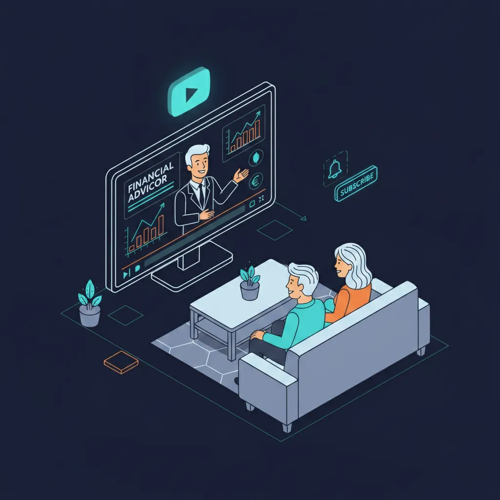 Isometric illustration of a YouTube video ad targeting pre-retirees on behalf of a financial advisor